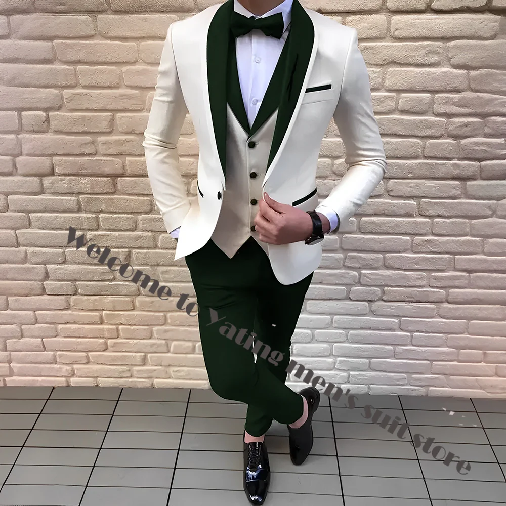 Handsome Men Suits 3 Pieces Ivory Blazer Sets Red Shawl Lapel Groomsmen Formal Party Suit Groom Tuxedo For Wedding