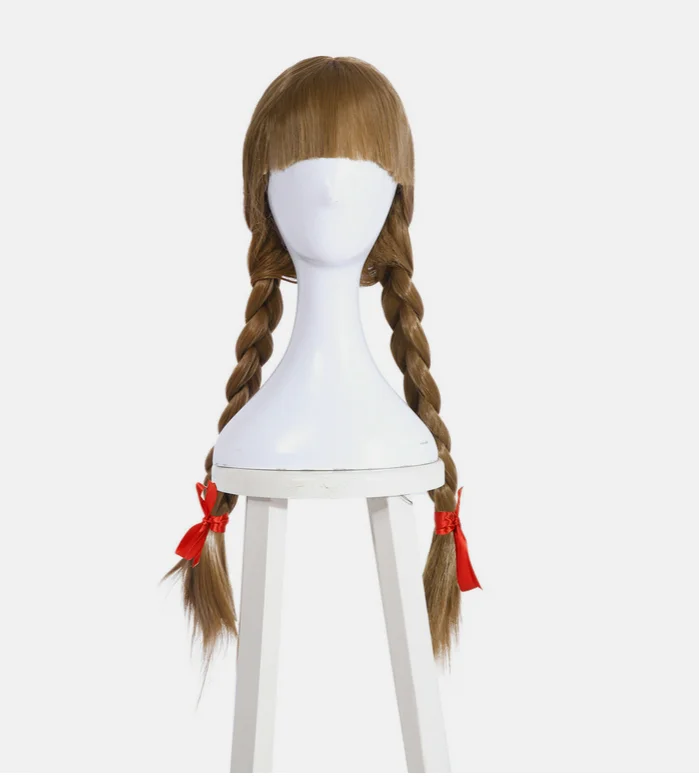 Halloween The Conjuring Annabelle Bangs Trenza Colas de caballo Peluca de cosplay rubia ceniza