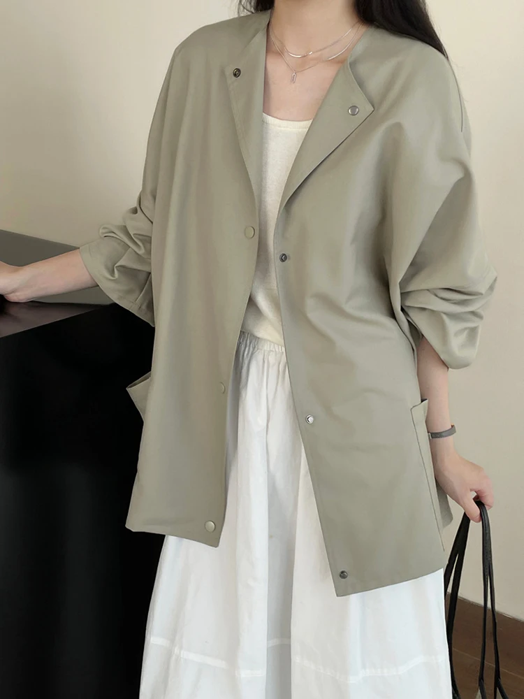 [EAM] Green Pocket Big Size Casual Jacket New Round Neck Long Sleeve Women Coat Fashion Tide Spring Autumn 2024  1DH7355