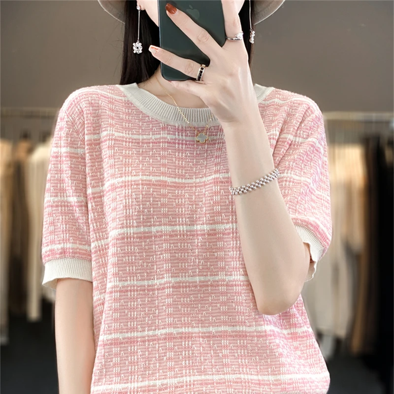 100 Percent Cotton Short Sleeve Tshirt Summer New Striped Contrast Round Neck Loose Thin Womens Knitted Blouse Top Women's Shirt