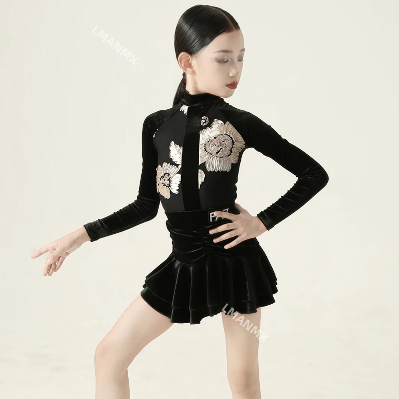 가을과 겨울 고급 프린트 라틴 댄스 연습복 어린이 공연복