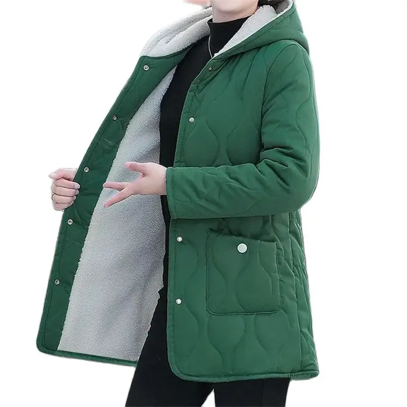 Down Cotton Women Medium Long Add Velvet And Thicken Coat Hooded Middle-Aged Elderly People Autumn Winter Cotton-Padded Clothes