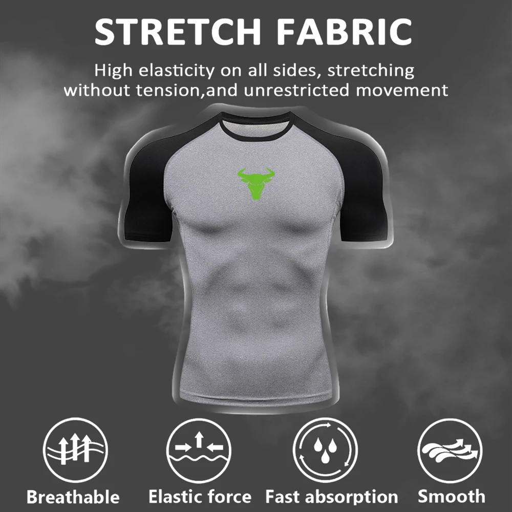 Men's Green Bull Head Print Compression T-Shirt Trendy Fitness Running Sports Short Sleeve Daily Commute Fashionable Outfit