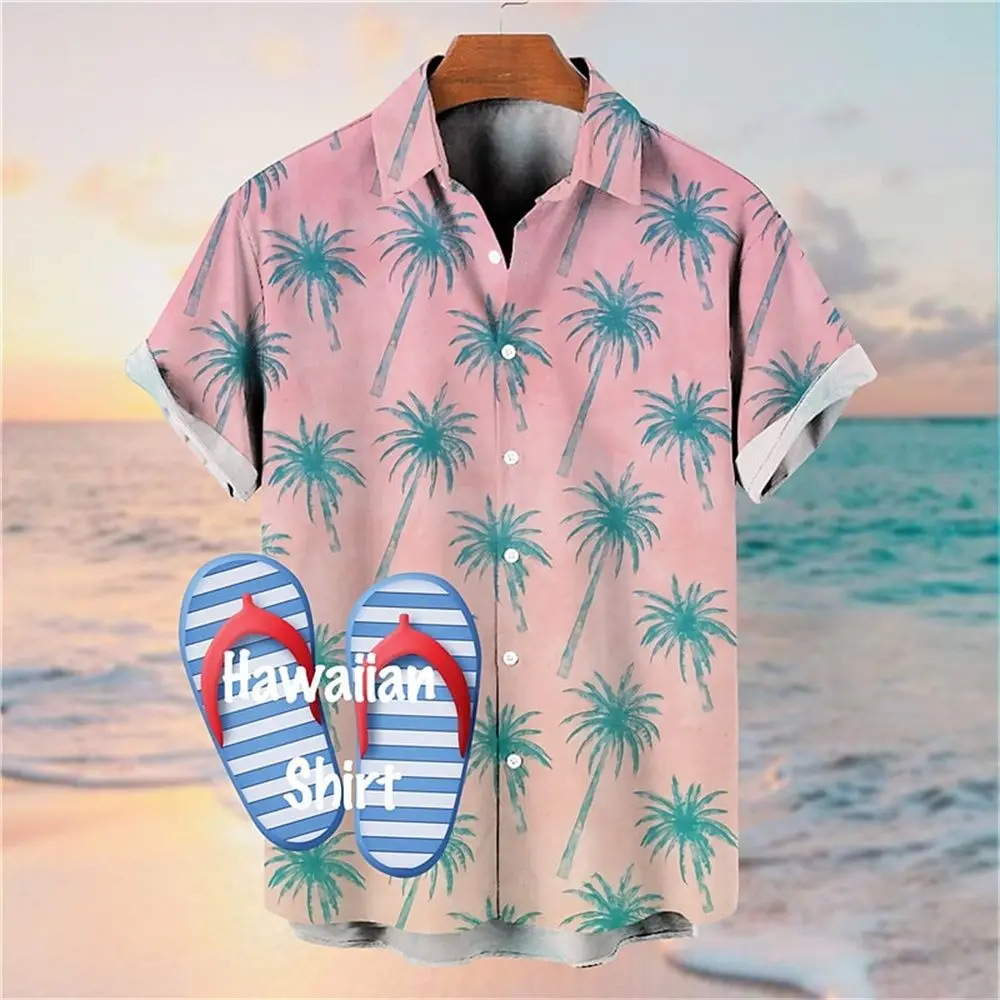 Men's Hawaiian Shirt Coconut Tree Print Shirt For Men Oversized Short Sleeve Button Up Shirts Men For Vacation Beach Wear Summer