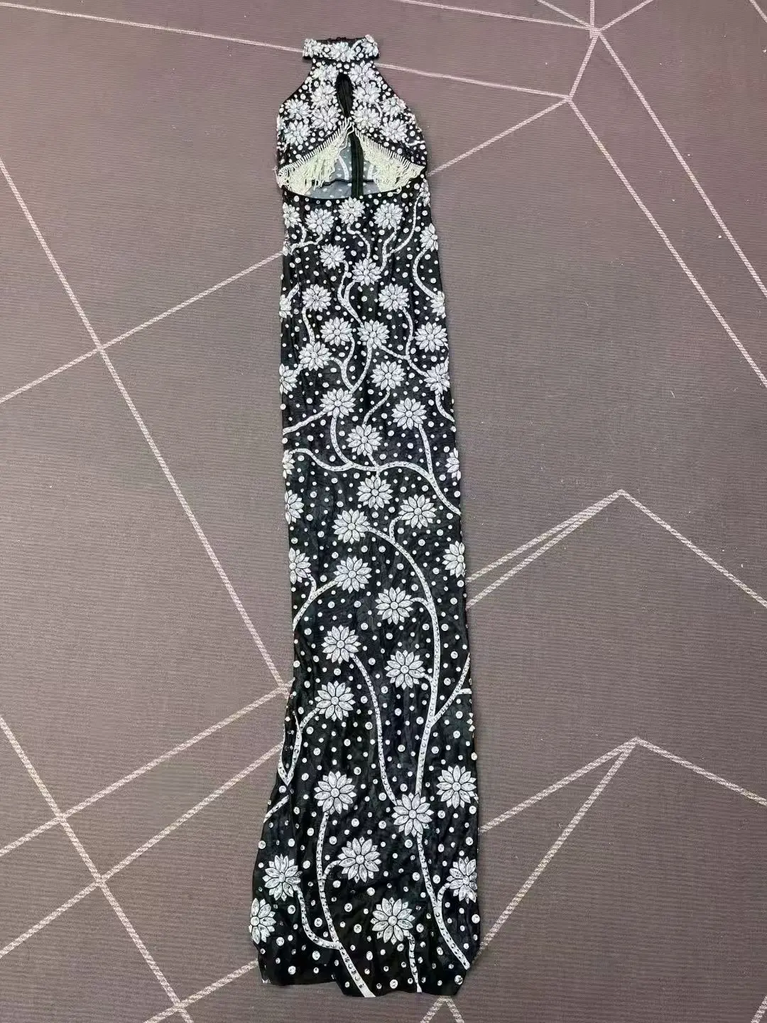 반짝이는 실버 라인스톤 크리스탈 체인 섹시한 투명 메쉬 드레스 여성 생일 저녁 파티 쇼 우아한 무대 드레스