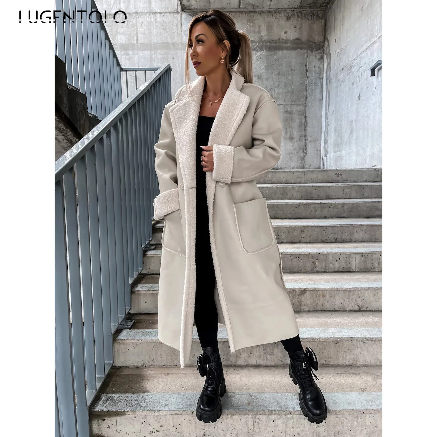 Donne addensate PU ecopelle nuovo autunno inverno Cardigan allentato tasca con lacci femminile Casual risvolto moda cappotti lunghi