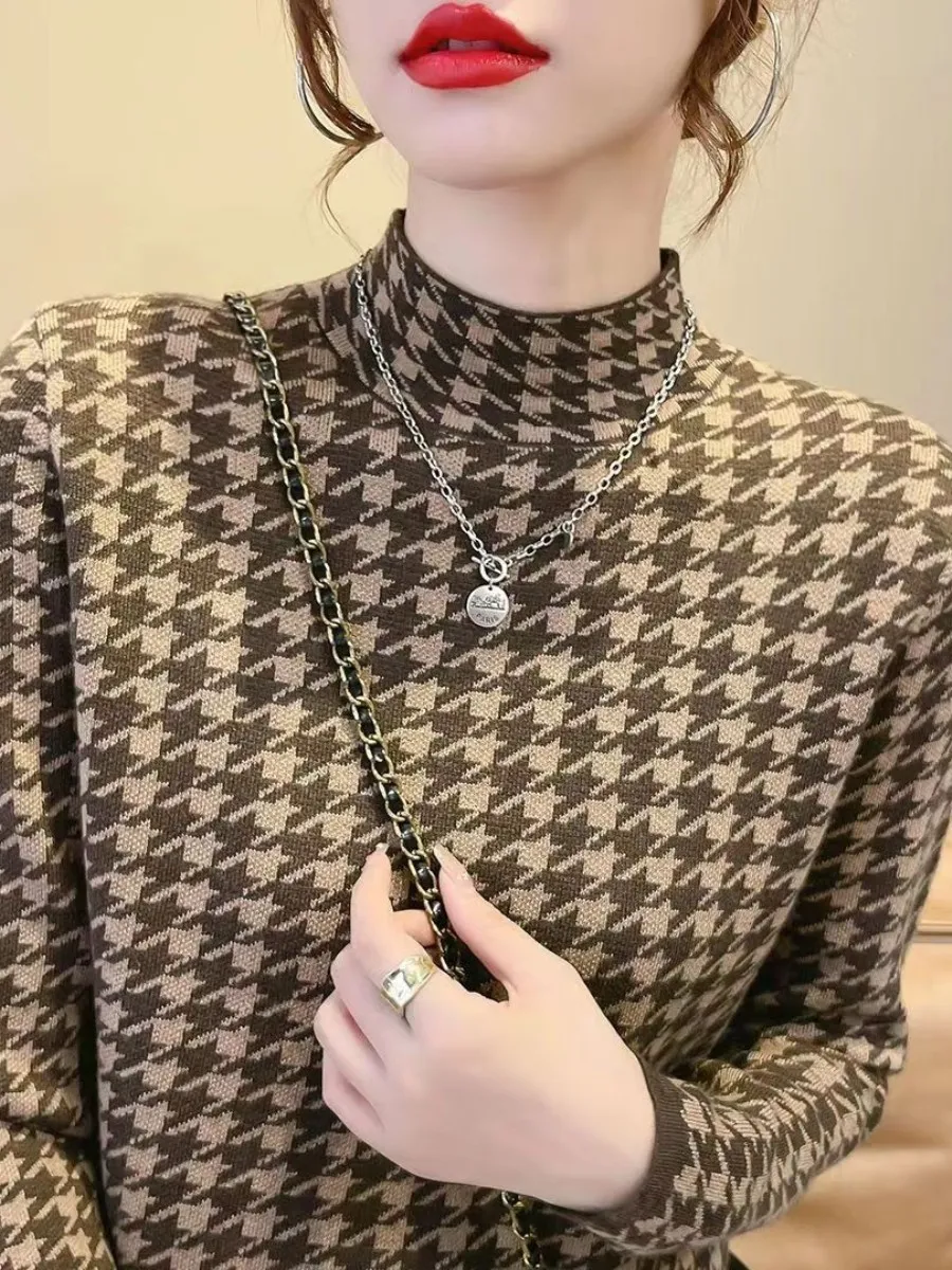 

Fashionable Half High Neck Double Sided Cashmere Base Shirt Women's Autumn Winter Slim Fit Inner Wear Two-Piece Set