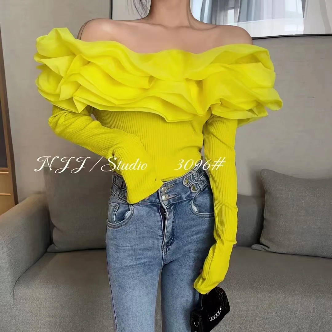 2023 New Fall Winter Short Knitted T-Shirt Sexy Off Collar Ruffles Three-dimensional Flower Women Crop Top Long Sleeve Tees 3908