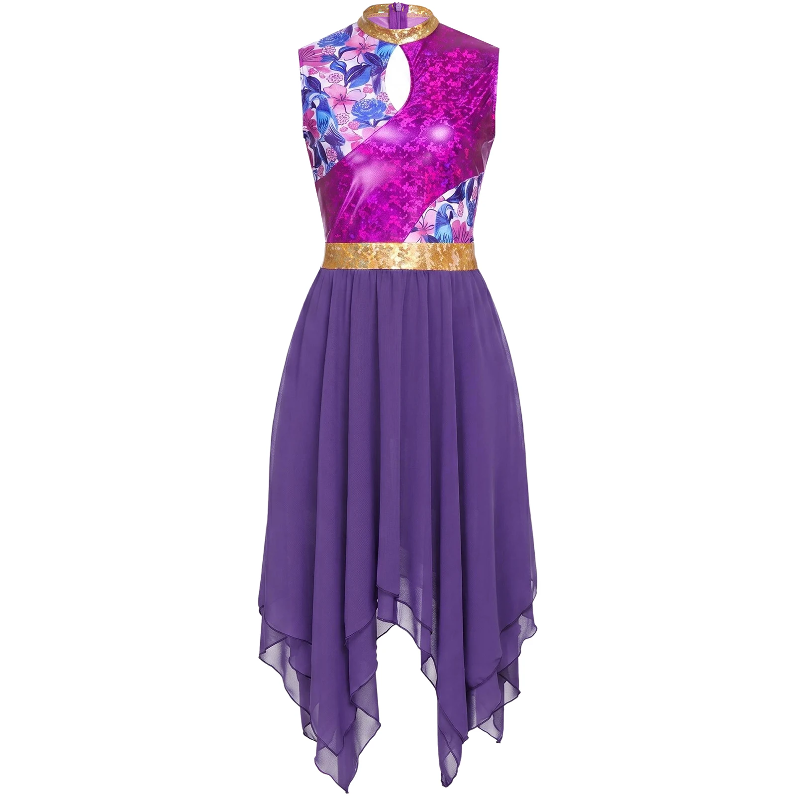 Damen-Lyrik-Tanzkleid, Kostüm für Gottesdienste und Lobgesänge, mit Metallic-Print, aufgesetztem Oberteil, Schlüssellochausschnitt vorne, ärmellos, unregelmäßiger Saum, Tunika-Kleid. – Detail 14