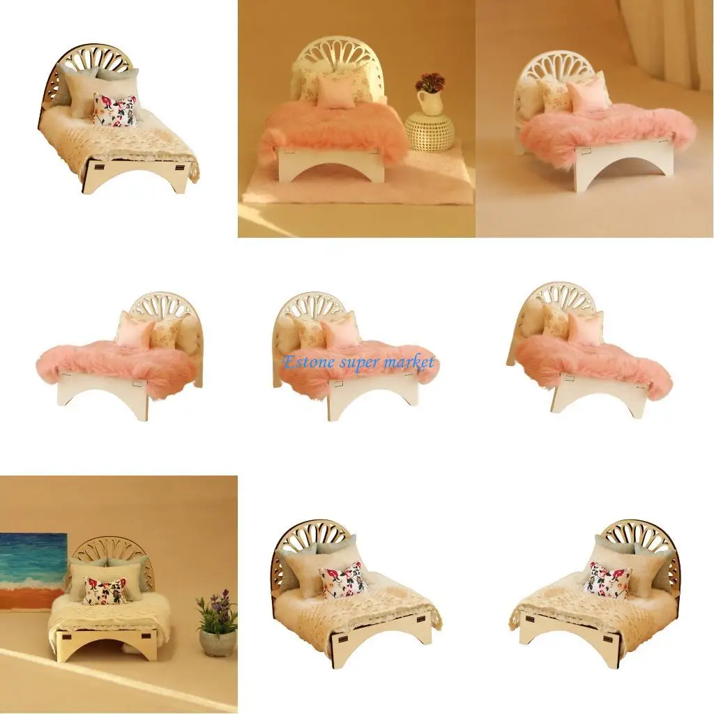 

090B Intricate Fabric Miniature Furniture Wooden Single Bed 1:12 Scale Bedroom Set