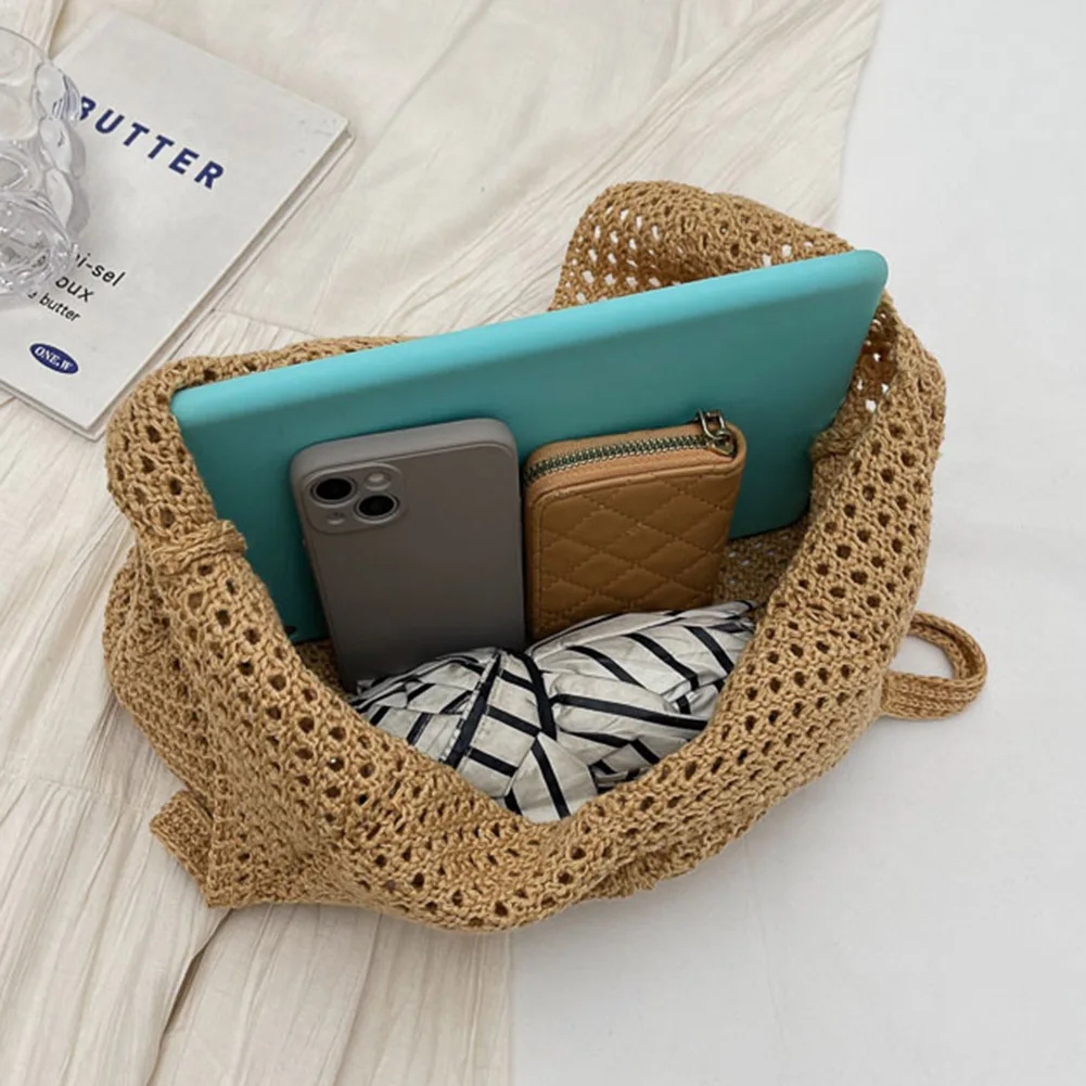 

Women Knitting Shoulder Bag Solid Color Crochet Tote Bag Large Capacity Knitted Tote Handbag Ladies Daily Handbag