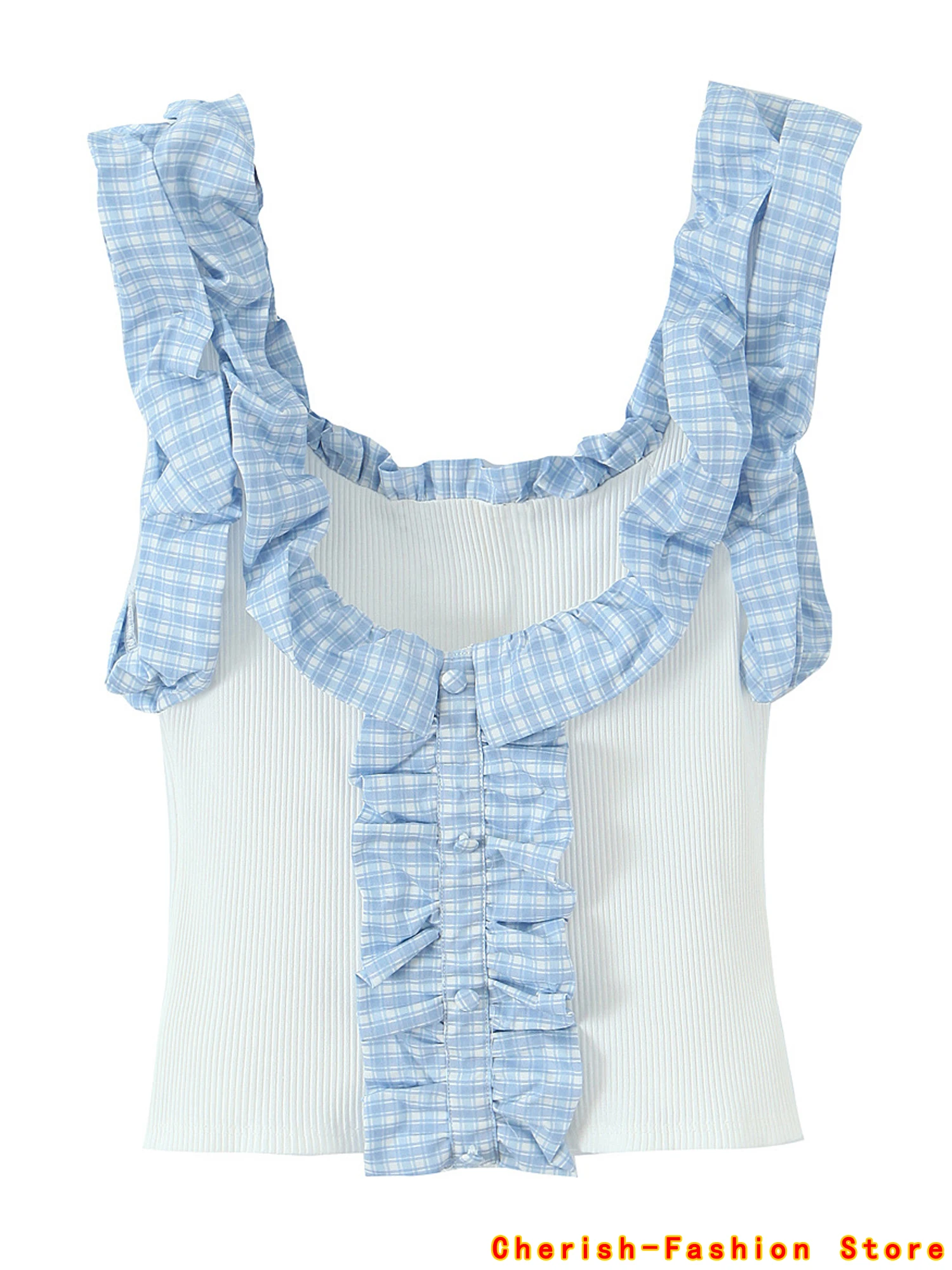 

2025 Summer New Arrivals Brand Pleated Sweet Chic Camisole Women Blue Ruffles Square Collar Backless Tank Tops Casual