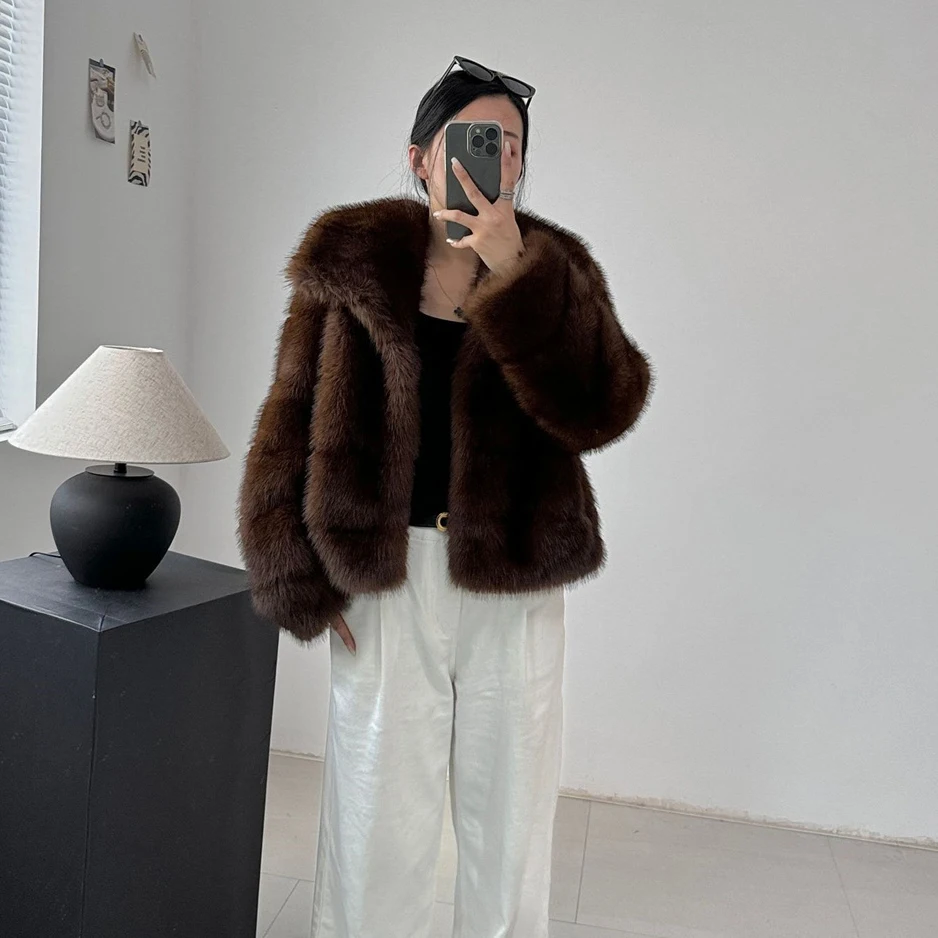 2024 Winter Female Loose Streetwear Outwears Brown Women Faux Sable Fur Jacket Oversized Lapel Long Sleeve Warm Fluffy Coats