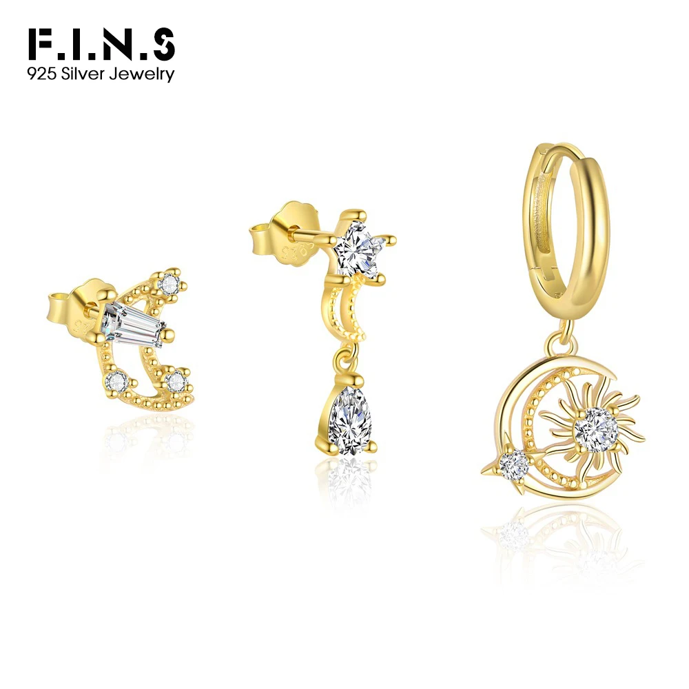 F.I.N.S-pendientes de plata de ley S925 con pentagrama y circonita, Piercing de circonita cúbica de lujo, estrella, Luna, gotas para las orejas apilables, regalos de joyería fina