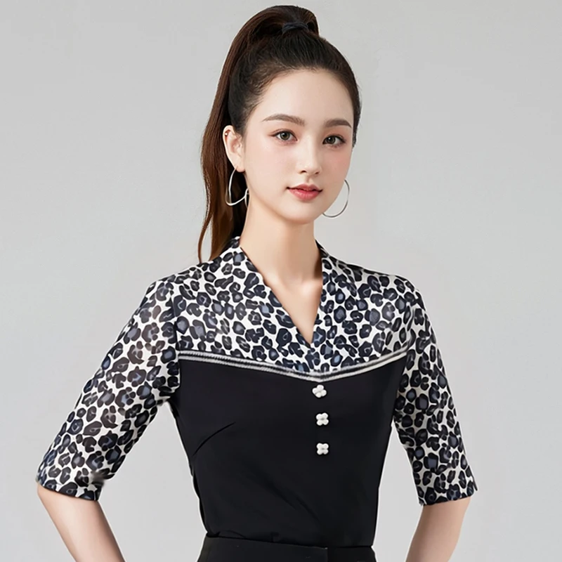 Adultes manches courtes haut de danse latine femmes vêtements de danse moderne femme léopard salle de bal haut de danse vêtements de pratique DW10811