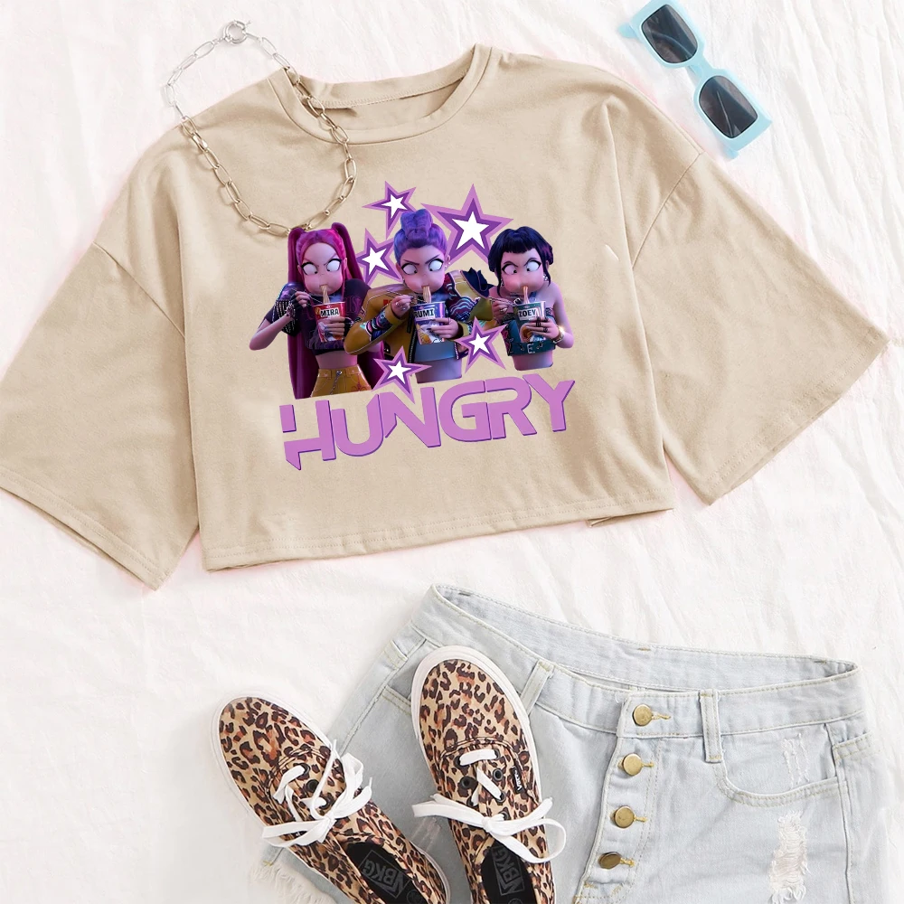Kpop demon hunter colheita topos saja meninas fã camisa moda feminina colheita t camisa presente para o fã de huntrix