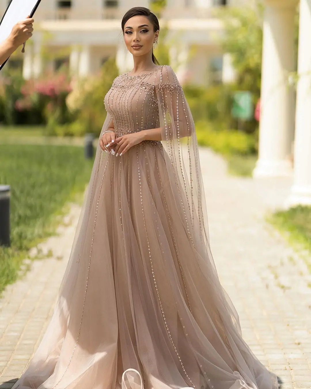 

A-Line Scoop Neckline Floor-Length Beadings Tulle Zipper Up Long Sleeves Dresses For Special Events Luxury Evening Dresses 2024