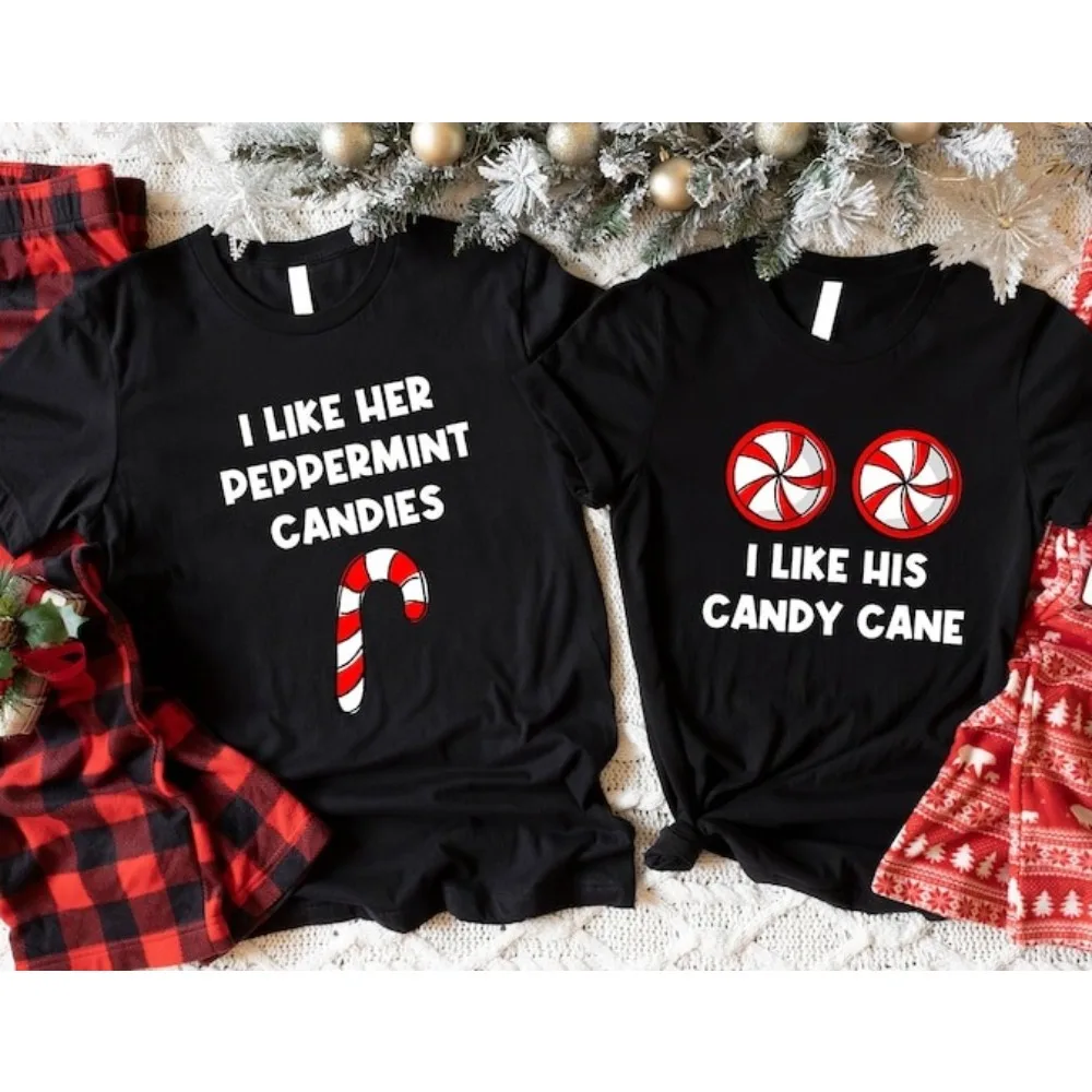 

Рубашка «I Like Her Peppermint Candies», футболка «I Like His Candy Cane», забавные рождественские рубашки для пар, одинаковые рождественские футболки для мужчин и женщин