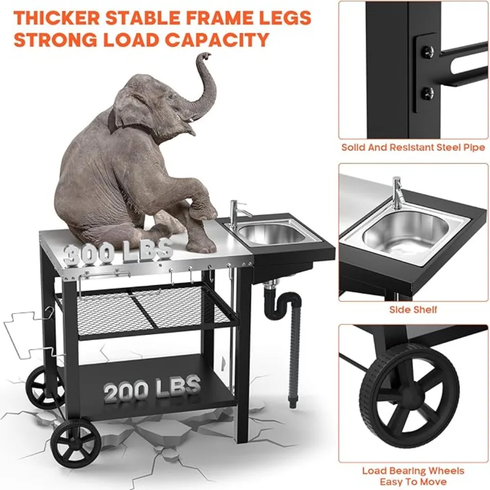 جودة عالية - طاولة شواء خارجية مع حوض، عربة فرن بيتزا مع درج وعجلات، طاولة إعداد الطعام المتحركة 3 أرفف - شحن مجاني #4