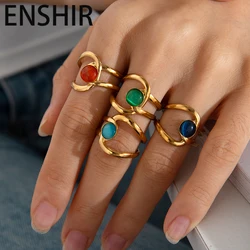 ENSHIR 316L Stainless Steel Irregular Line Colorful Stone Open Ring for Women Men Strange Fashion Jewelry Gift Party Wholesale