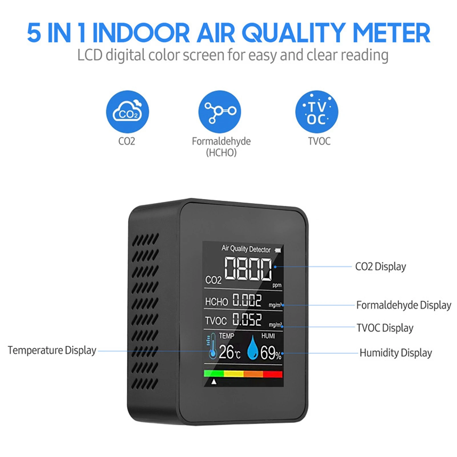 Czarny detektor dwutlenku węgla CO2 LCD TVOC HCHO Temperatura Wilgotność Miernik jakości powietrza Detektor CO2 Miernik CO2 TVOC HCHO