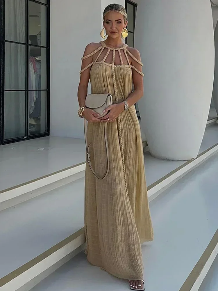 Khaki Hollow Out Lace Up Backless Women Long Dress Sexy Off Shoulder Sleeveless Maxi Dresses 2024 Summer Party Vacation Vestidos