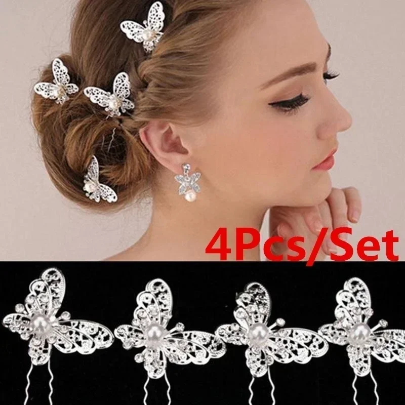 4 Uds. De horquilla para el pelo con perlas de mariposa para novia, joyería dorada, plateada, roja y blanca, vestido de novia, tocado de disfraz, accesorios en forma de U