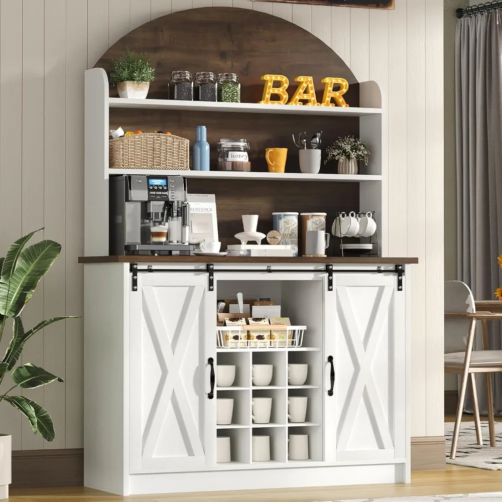 

67" Farmhouse Coffee Bar Cabinet: 3-Tier Storage with Sliding Barn Doors | White Buffet
