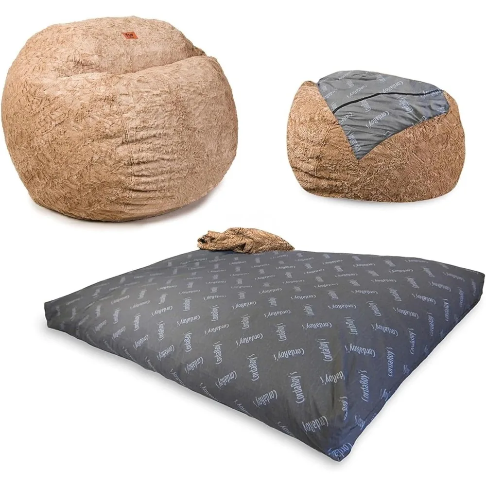 Convertible Bean Bag Chair & Bed - Machine-Washable Faux Fur Fabric Cover - for Basement, Living Room