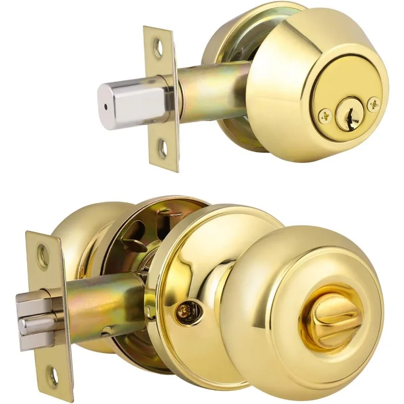 

5 Pack Classic Polished Brass Entrance Round Knob Handle, Entry Door Knob with Matching Double Cylinder Deadbolt