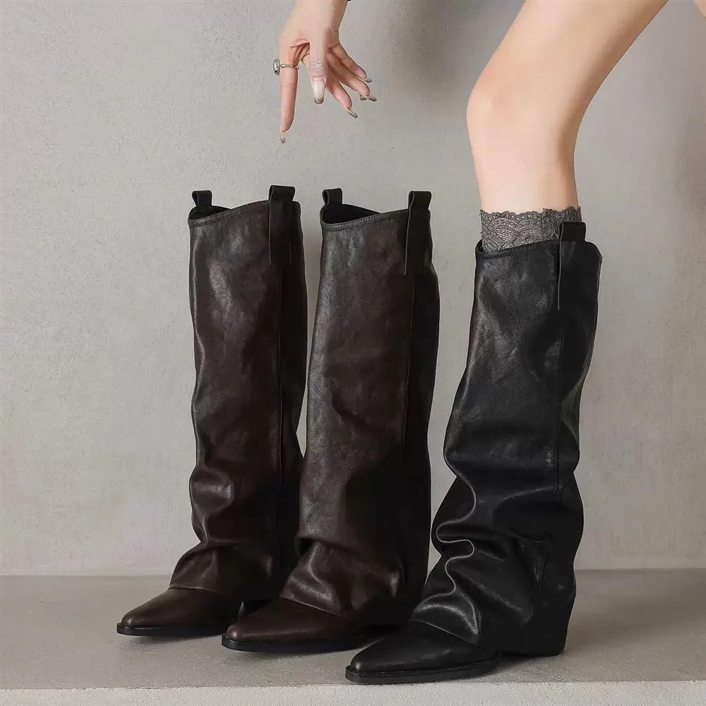 Slip On Women Western Cowboy Boots Fashion Pointed Toe Shoes Ladies Concise Block Heel Pants Tube Long Booties