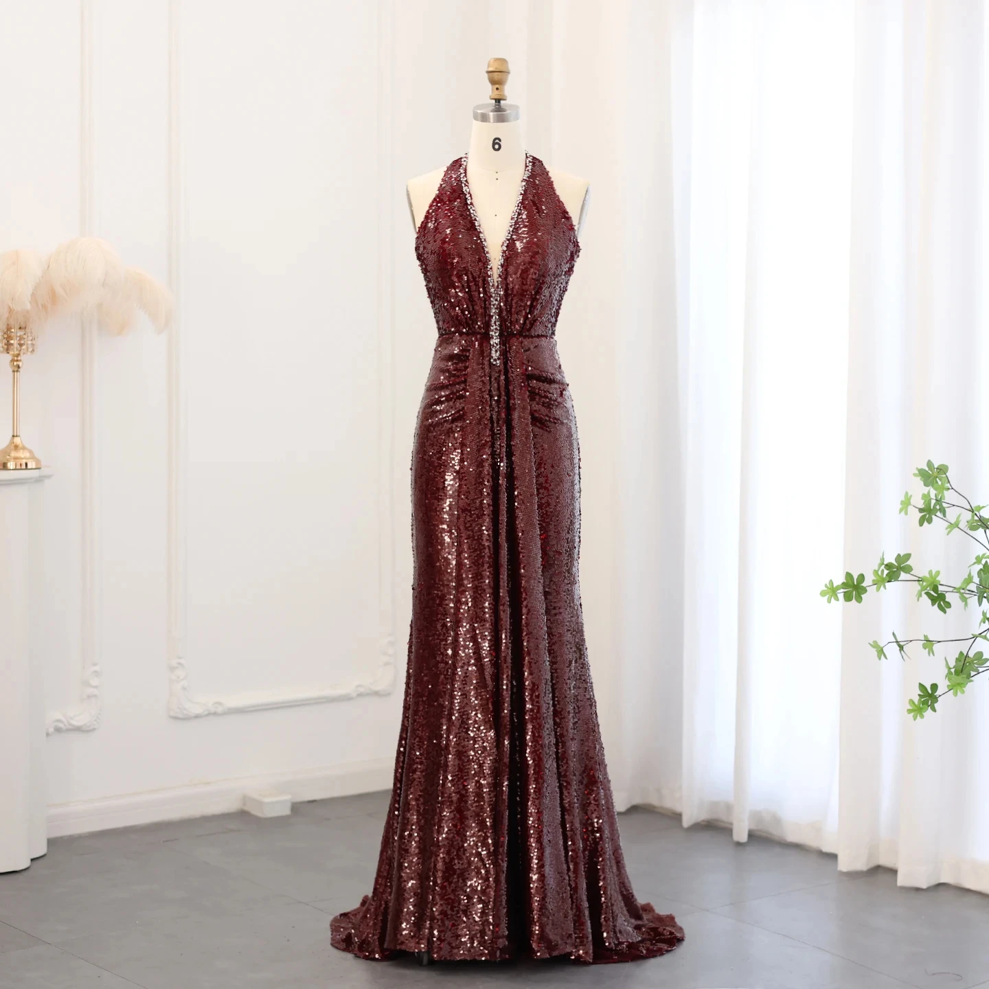 

Jancember Halter Burgundy Sequined Mermaid Evening Dresses for Women Wedding Party Long Arabic Formal Prom Gowns SZ512