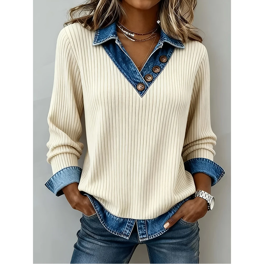 Trendy V-Neck Denim Collar Patchwork Sweaters European American Style Long Sleeve Knitted Pullover Tops Casual Loose Sweater