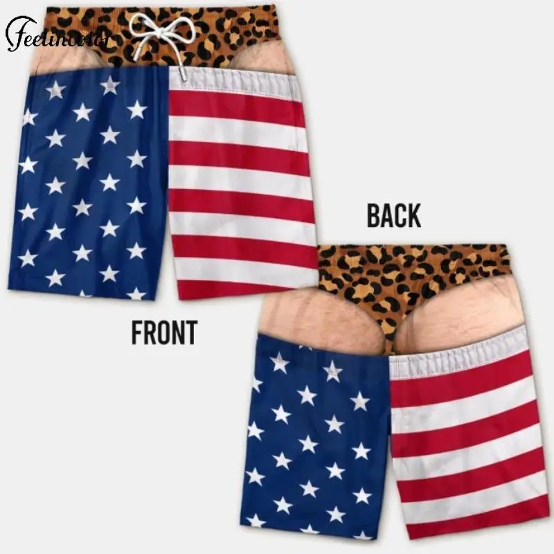 Men American Flag Print Beach Pants Funny Coconut Tree Hip Pattern Board Shorts Casual Male Short Pants Summer Holiday Swimwear