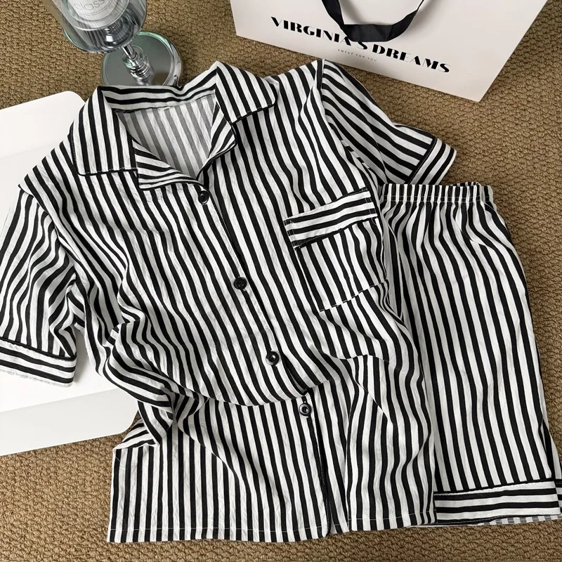 Korean Style Minimalist Contrasting Striped Pajamas for Women Summer Loose and Lazy Short Sleeved Shorts Home Wear Sleepwear
