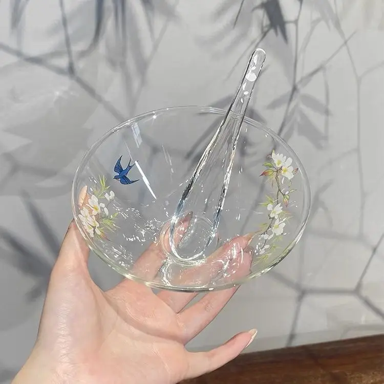 

High Temperature Resistant Glass Hat Bowl High Borosilicate Transparent Glass Bowl Spoon Set Dessert Fruit Salad Household Bowl