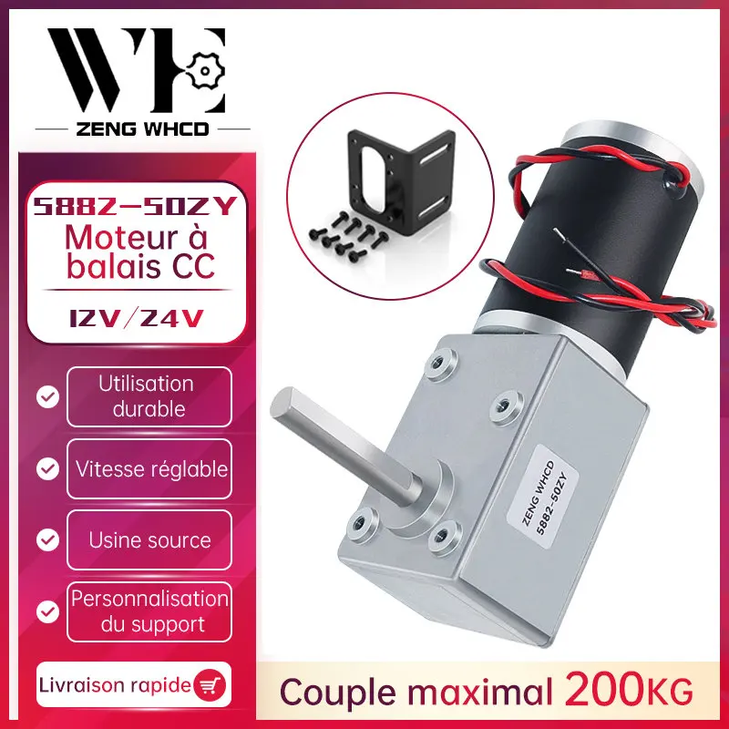 Engrenage à vis sans fin à arbre de sortie unique et Long, moteur de réduction 12V/24V DC, couple élevé, ceinture de brosse en métal, moteur autobloquant, 5882 – 50ZY