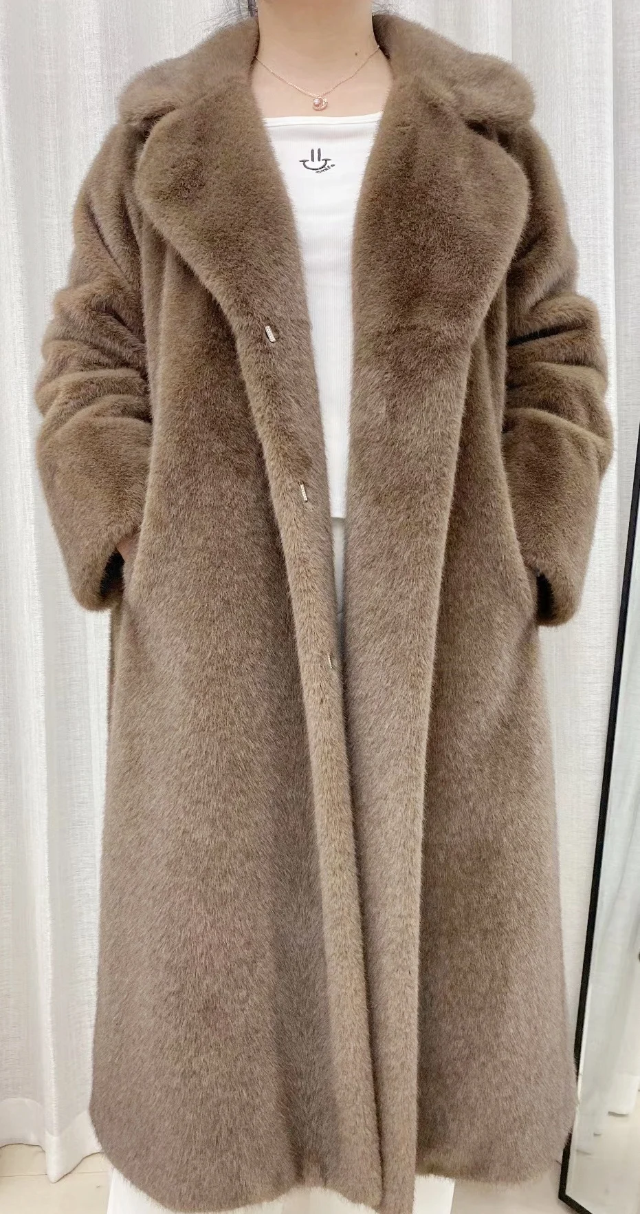 Faux fur long coat coat lapel hem slit belt thermal coat loose elegant fashion 24 autumn winter 24 new women's coat