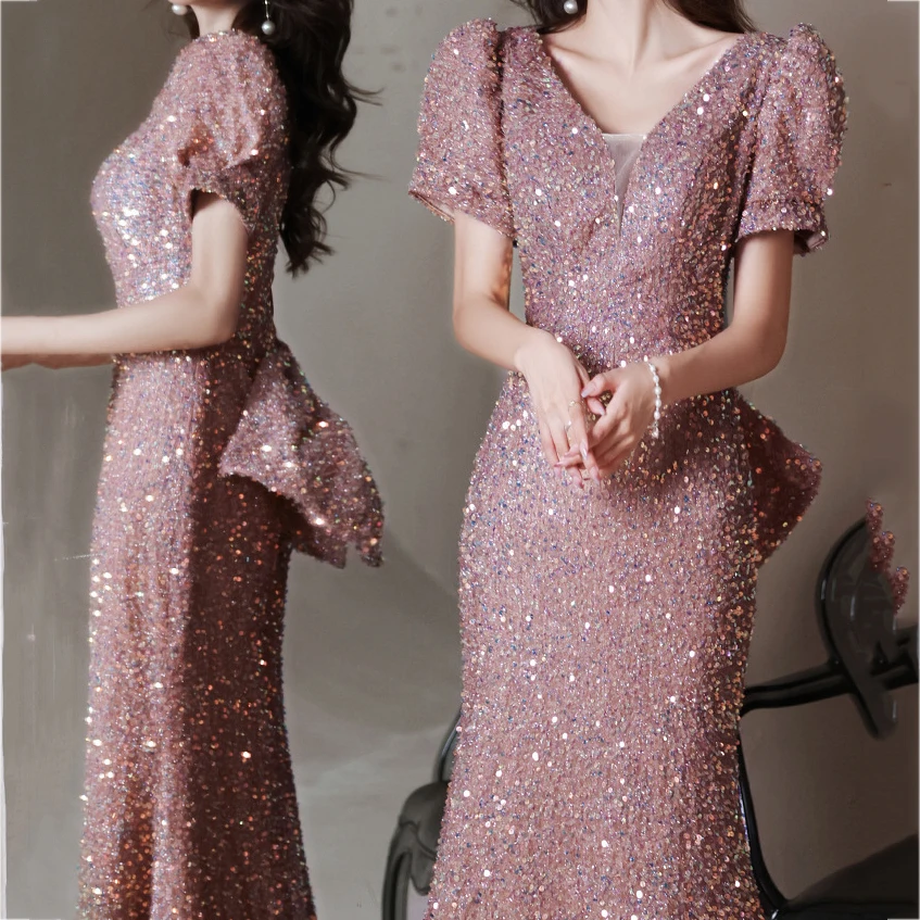 

Fashionable Female Evening Party Dress Bling Sequin Bow Formal Party Dress Qipao Sexy V-Neck Slim Vestidos De Festa Prom Dress