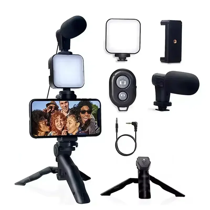 AY49 Smartphone Vlogging Kit With Tripod Phone Holder Mini Microphone LED Fill Light Starter For TikTok Live Stream Video YouTub