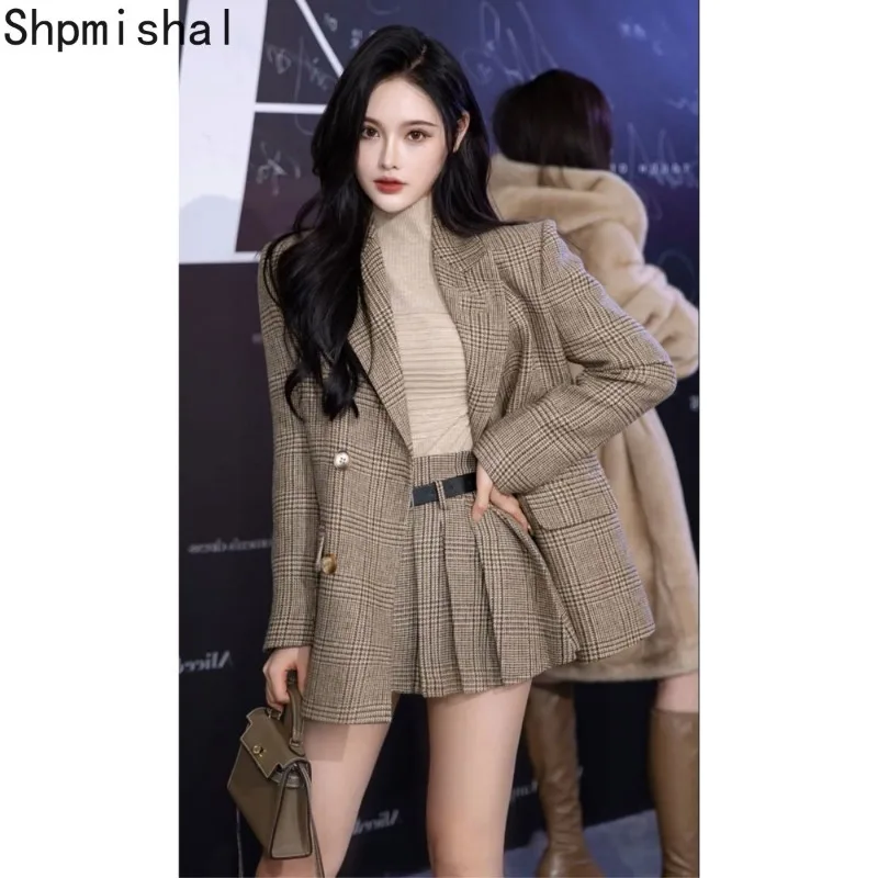 2023 Korean Fashion New Early Winter Loose and Casual Pleated Skirt British Suit Checkered Jacket Two-piece Set Female Clothing