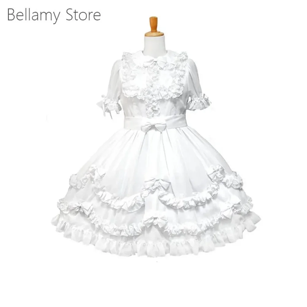 Tailored lolita style all-white pleated lace cake dress