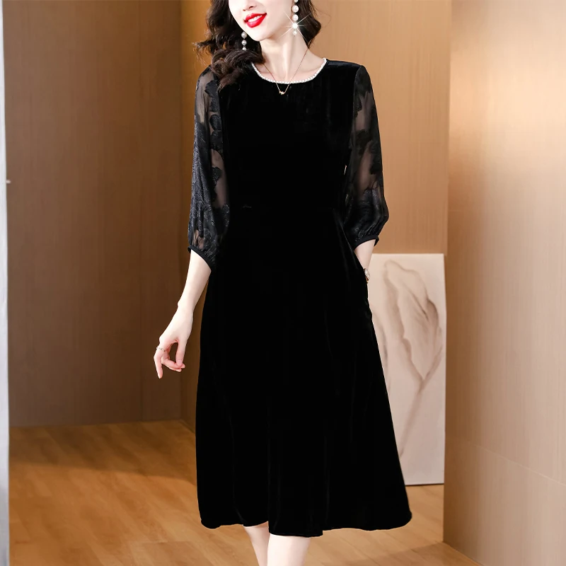 

Autumn Loose Black Velvet Vintage Mesh Midi Dress Spring Women Korean Solid Maxi Dress Bodycon Elegant Casual Party Vestido