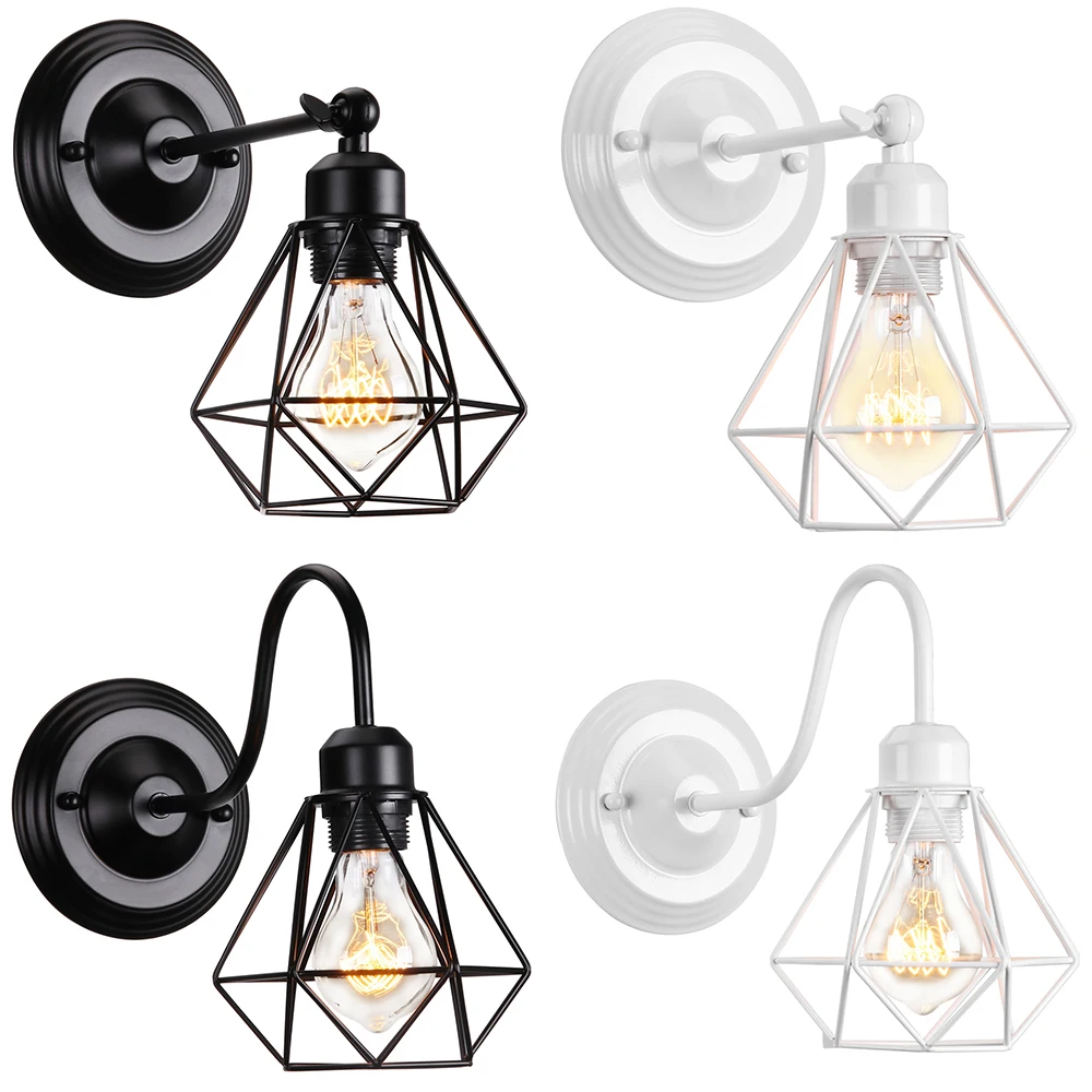 

Loft Modern Iron Black White Wall Light Vintage Cage Lampshade Guard Sconce Bedroom Aisle Background Indoor Lighting Wall Lamp