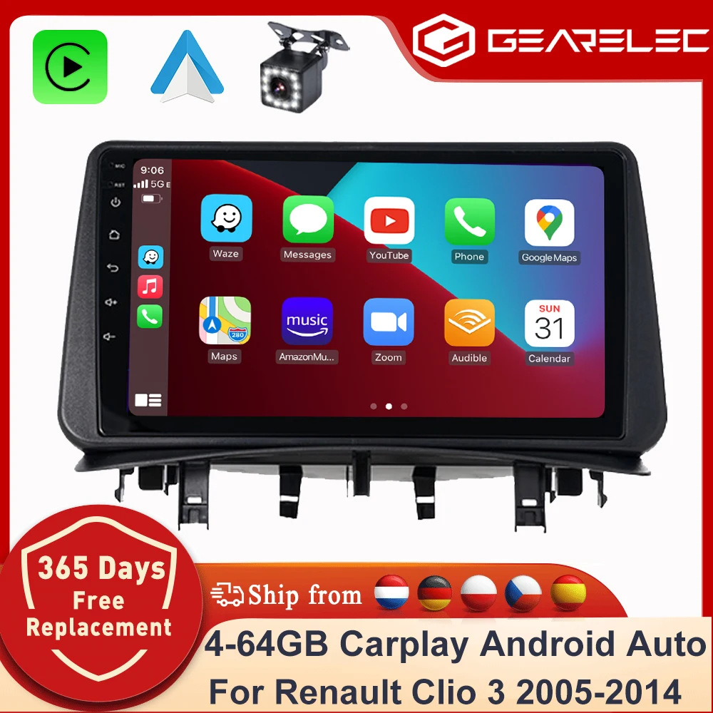 GEARELEC Autoradio für Renault Clio 3 2005-2014 Carplay Auto-Multimedia-Player Android 14 Autoradio GPS WIFI RDS Bluetooth