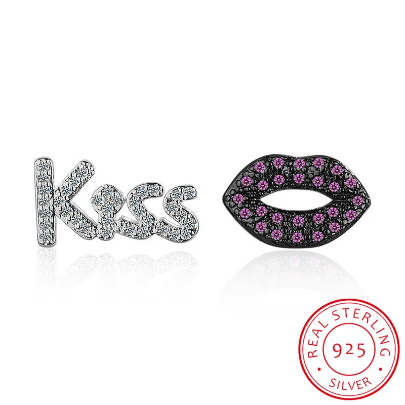 

£ 925 silver asymmetric CZ zirconium letter lips student earrings on women's Earrings