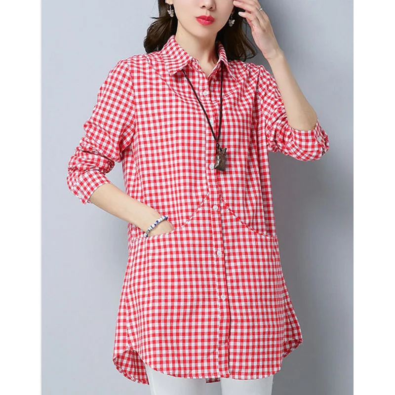 Fashion Lapel Button Spliced Pockets Lattice Shirt Women\'s Clothing 2023 Autumn New Oversized Casual Tops Loose Commute Blouse