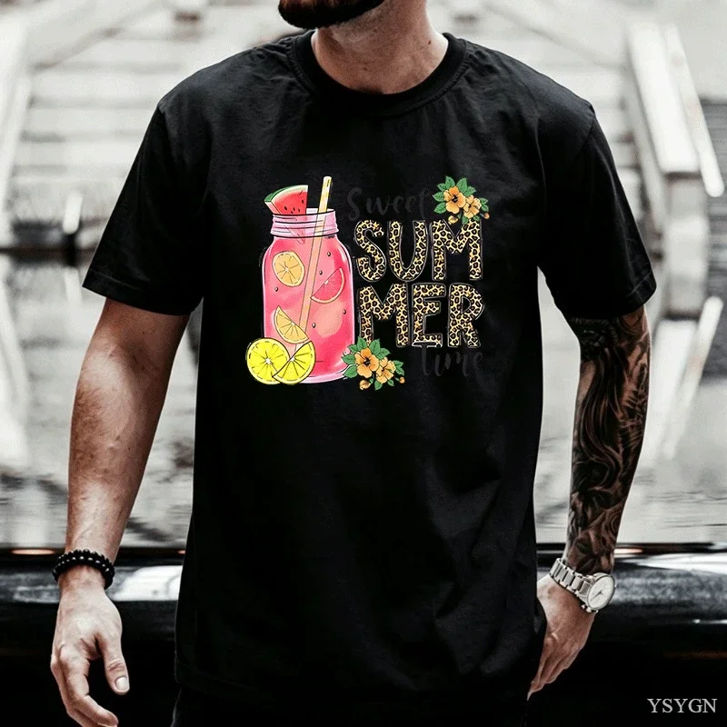 Sweet Summer Time Leopard Lemon Jar Floral Art Men Summer Cotton T Shirt Tropical Holiday Cute Graphic Short Sleeve Casual Top
