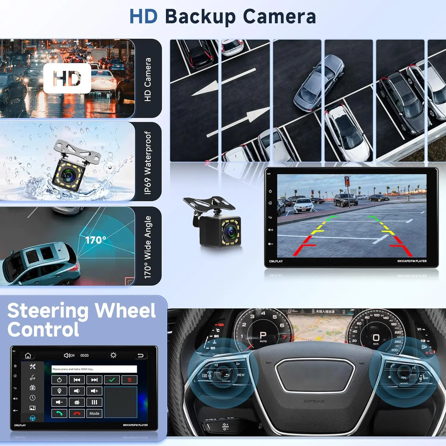 Autoradio touch screen da 9' con CarPlay, Android Auto, Bluetooth, FM, USB/TF/AUX, MirrorLink, telecamera di backup
