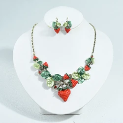 ICEYY Luxury Vintage Red Resin Strawberry Choker Necklace  Earrings Set For Women Wedding Jewelery